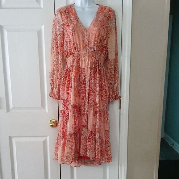 JUST…TAYLOR Orange And Cream Colored Chiffon Midi Dress Sz 10 NWOT - Picture 2 of 9